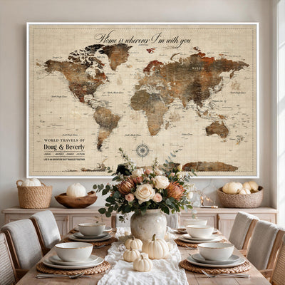 Large Custom Framed Beige Vintage World Travel Map Wall Art with Pins, Couples Countries Visited Map, Living Room and Hallway Decor