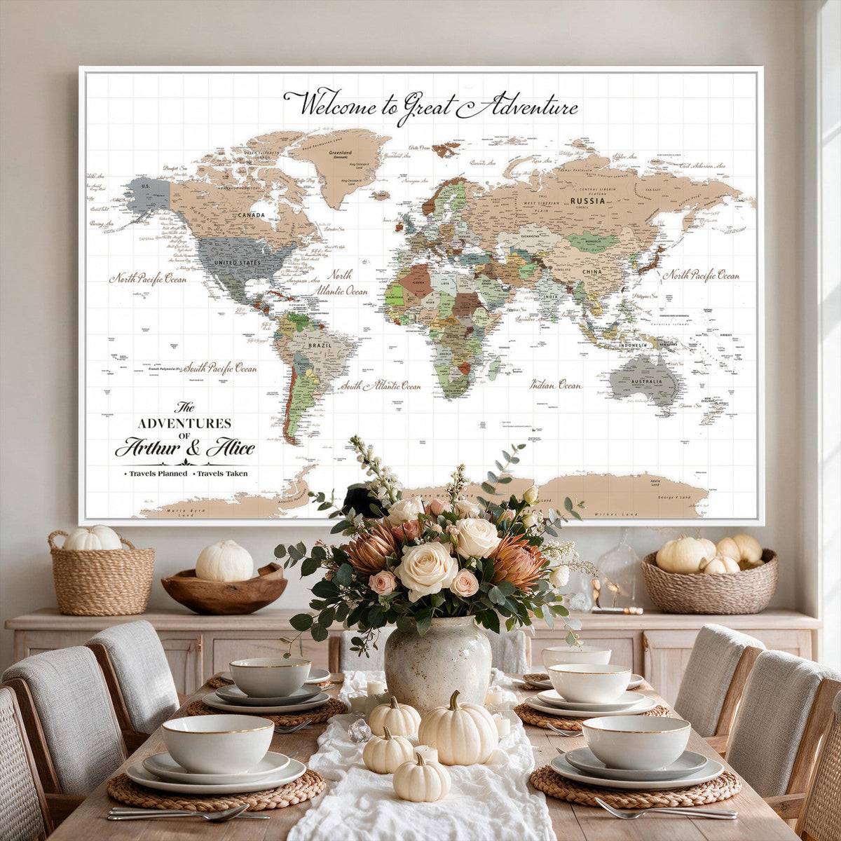 85396539-MGV-CV-36X24 - Custom Beige Push Pin World Map Wall Art, Bucket List Map, Study and Hallway Decor