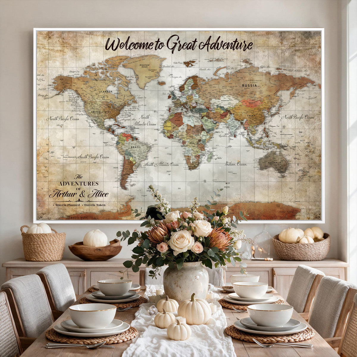 Personalized Beige Push Pin World Map Wall Art, Bucket List Map, Living Room and Family Room Decor