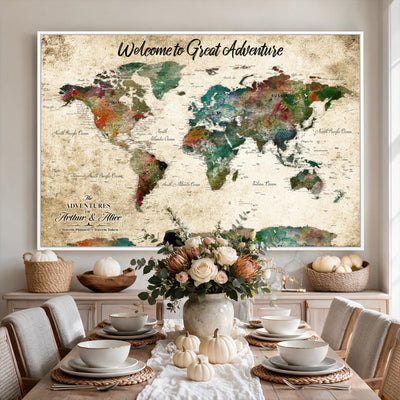 Personalized Beige Grunge World Map Canvas with Push Pins, Next Trip Planner Map, Family Room and Home Office Decor