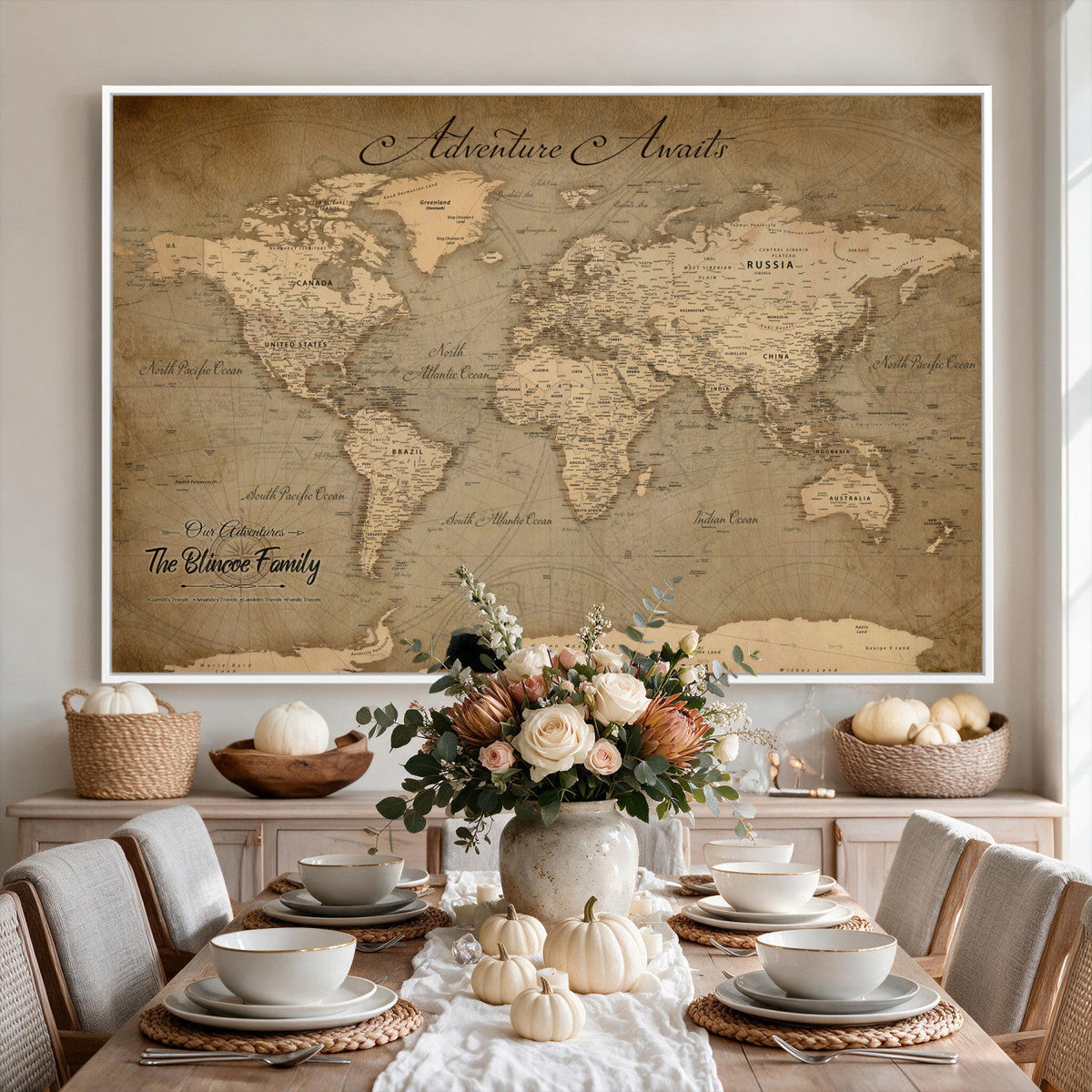 Personalized Framed Beige World Travel Map Wall Art with Pins, Family Travel Tracker, Family Room and Entryway Decor
