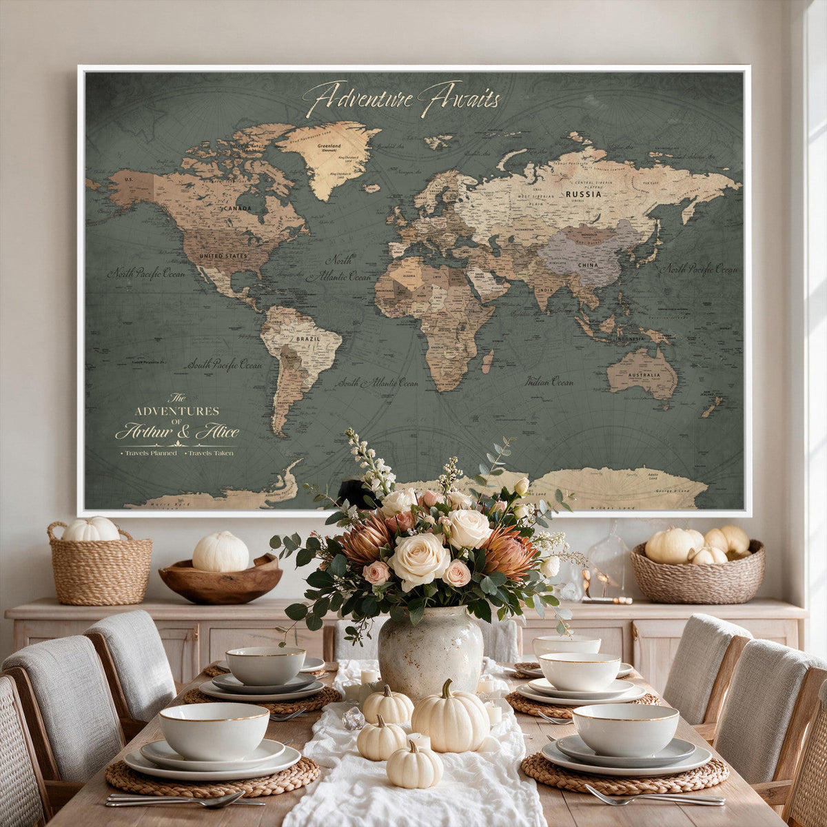 Personalized Framed Beige Modern World Map Canvas with Push Pins, Bucket List Map, Family Room and Dining Room Decor