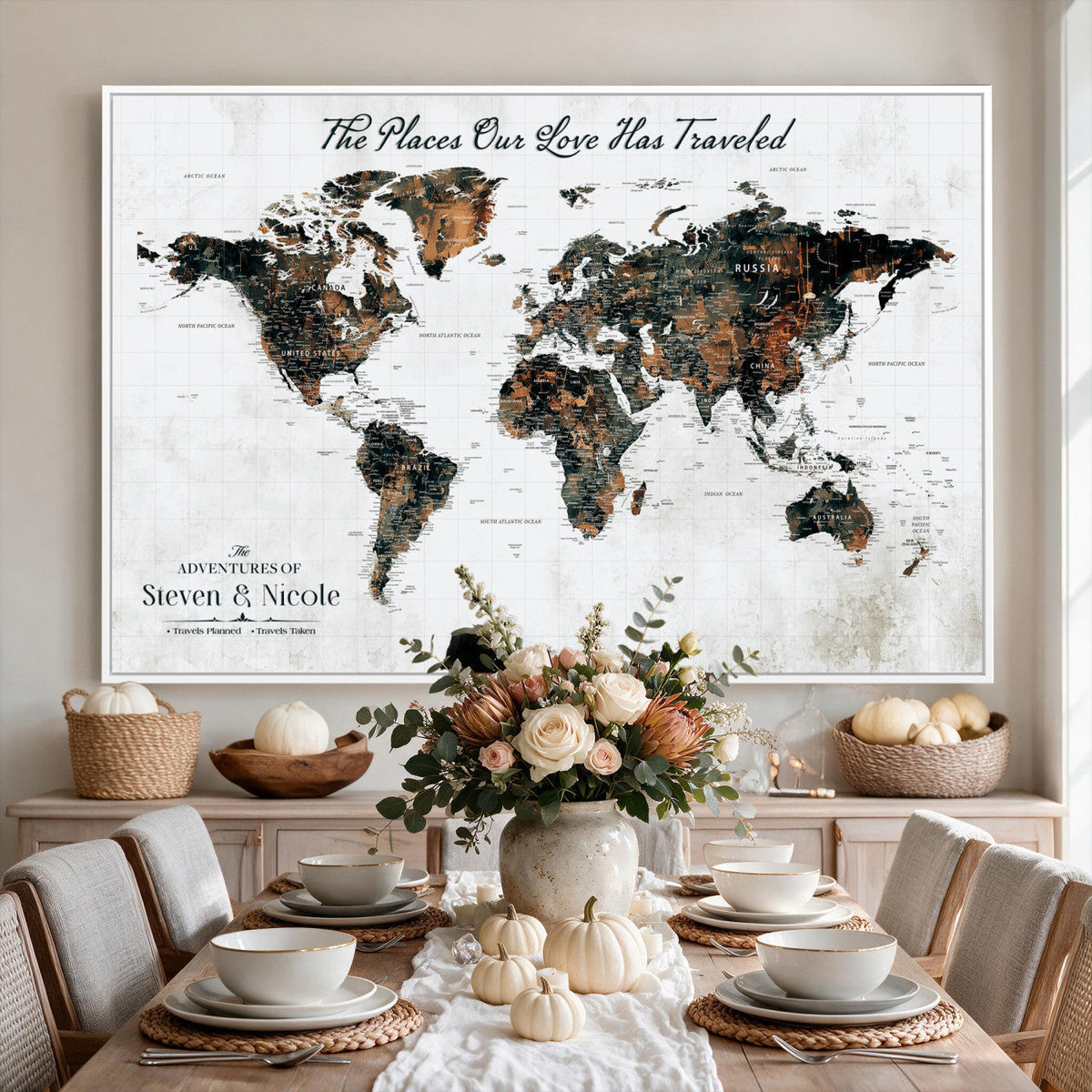 Personalized Beige Push Pin World Map Canvas Print, Honeymoon and Anniversary Gift, Living Room and Dining Room Decor