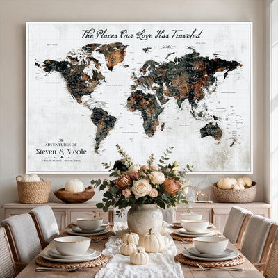 29090064-MGV-CV-36X24 - Custom Push Pin World Map Wall Art Canvas Print | Personalized Travel Tracker with Pins Framed Large for Home and Office Decor
