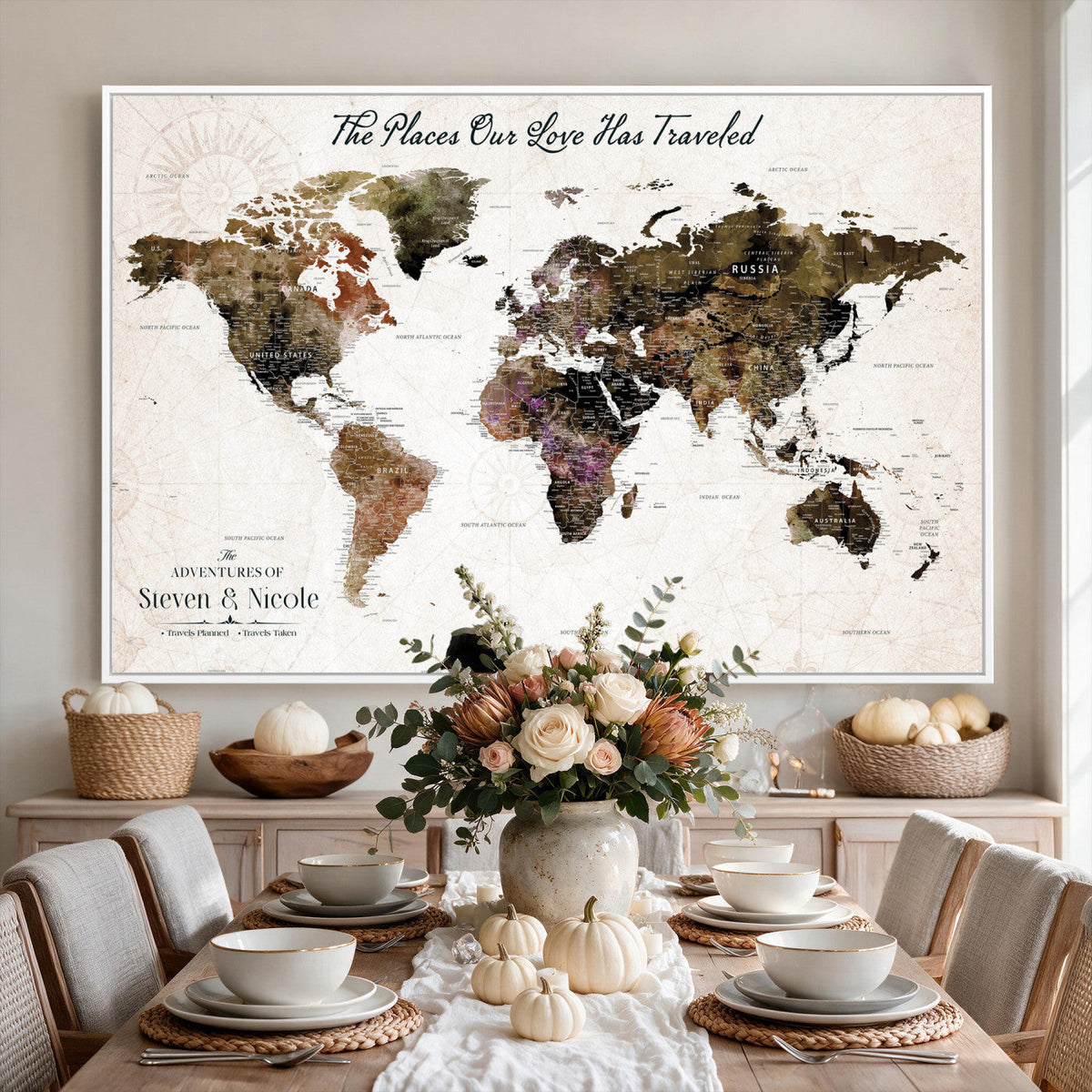 34345515-MGV-CV-36X24 - Custom Push Pin World Map Wall Art Canvas Print | Personalized Travel Tracker with Pins Framed Large for Home and Office Decor