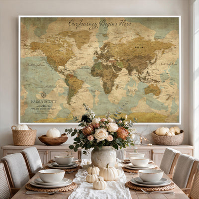 Personalized Navy Push Pin Travel Map Canvas Print, Couples Countries Visited Map, Living Room and Dining Room Decor