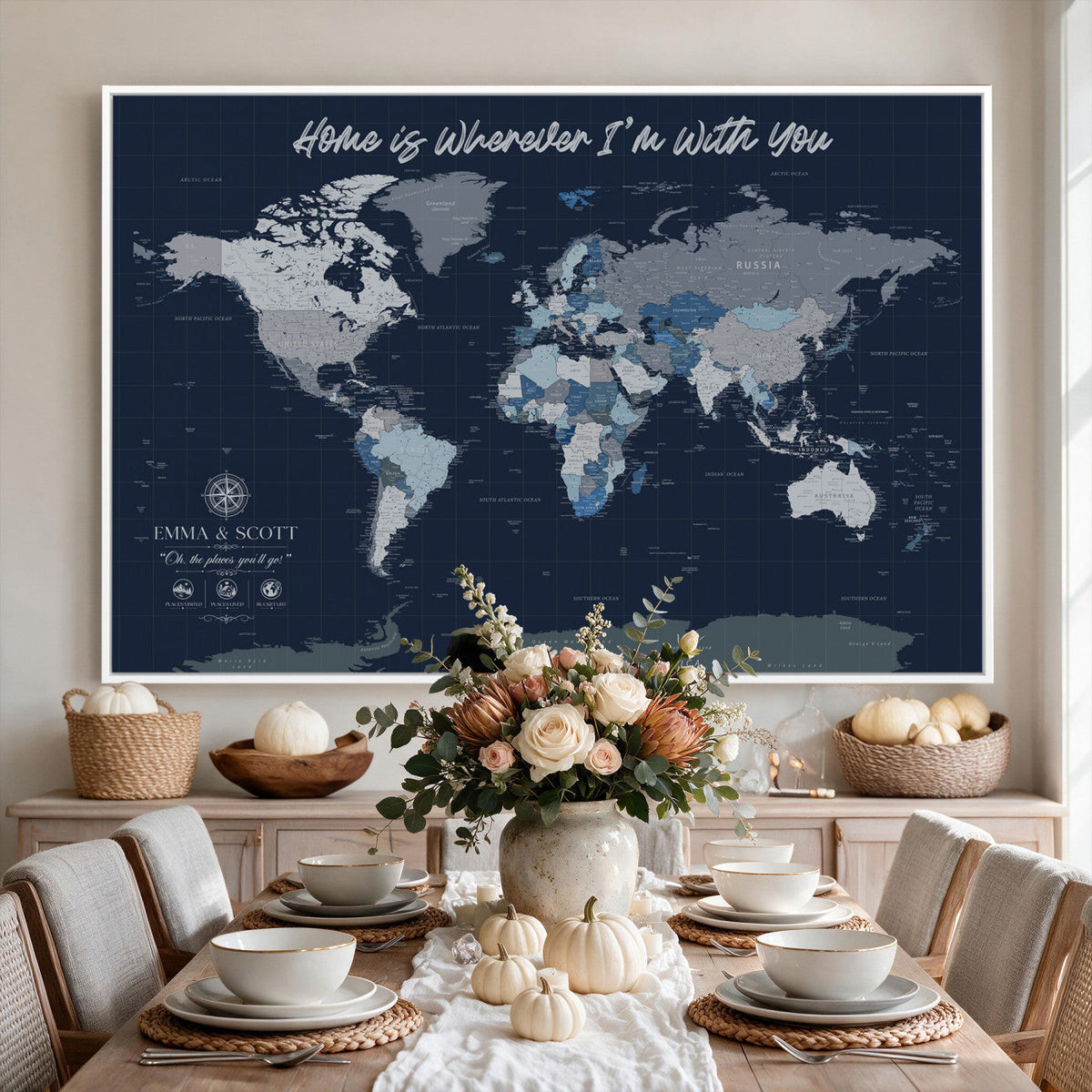 NEWMAP-18-MGV-CV-36X24 - Custom Push Pin World Map Wall Art Canvas Print | Personalized Travel Tracker with Pins Framed Large Print - NEWMAP-18