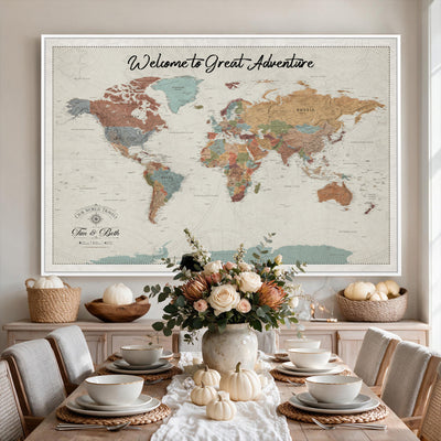 Custom Beige Push Pin World Map Canvas Print, Bucket List Map, Dining Room and Home Office Decor