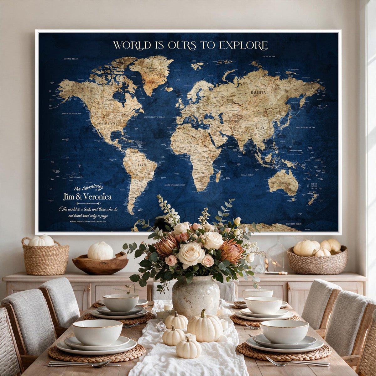 35296308-MGV-CV-36X24 - Custom Push Pin World Map Wall Art Canvas Print | Personalized Travel Tracker with Pins Framed Large for Home and Office Decor
