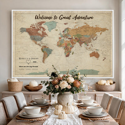 Large Personalized Beige Minimalist Push Pin World Map Wall Art, Next Trip Planner Map, Bedroom and Home Office Decor