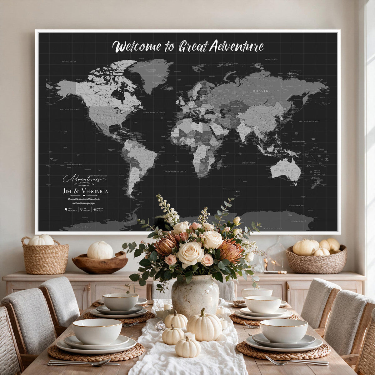 Custom Framed Navy Vintage World Map Canvas with Push Pins, Next Trip Planner Map, Entryway and Hallway Decor
