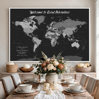 Custom Framed Navy Vintage World Map Canvas with Push Pins, Next Trip Planner Map, Entryway and Hallway Decor