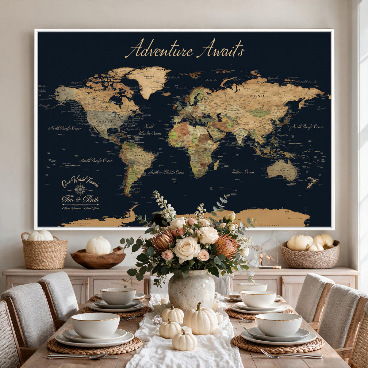 45739634-MGV-CV-36X24 - Custom Push Pin World Map Wall Art Canvas Print | Personalized Travel Tracker with Pins Framed Large for Home and Office Decor