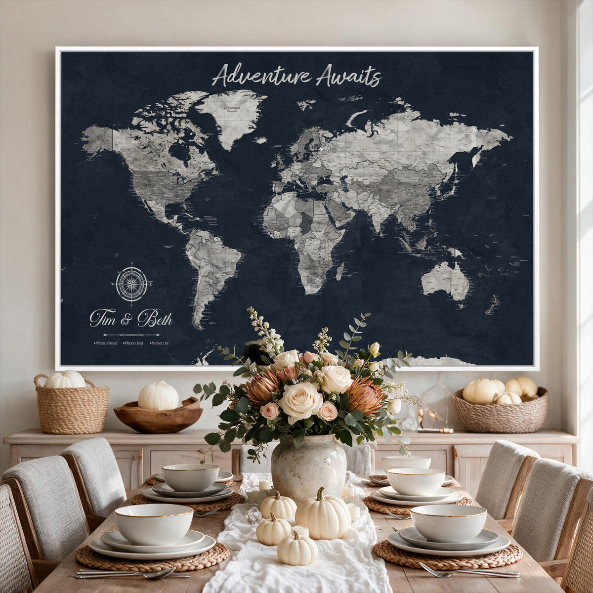 Personalized Framed Beige Vintage Push Pin World Map Wall Art, Bucket List Map, Study and Hallway Decor