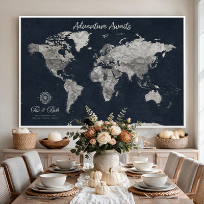 Personalized Framed Beige Vintage Push Pin World Map Wall Art, Bucket List Map, Study and Hallway Decor