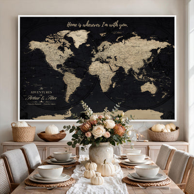 Personalized Framed Beige Modern Push Pin World Map Canvas Print, Places Visited Tracker, Family Room and Bedroom Decor