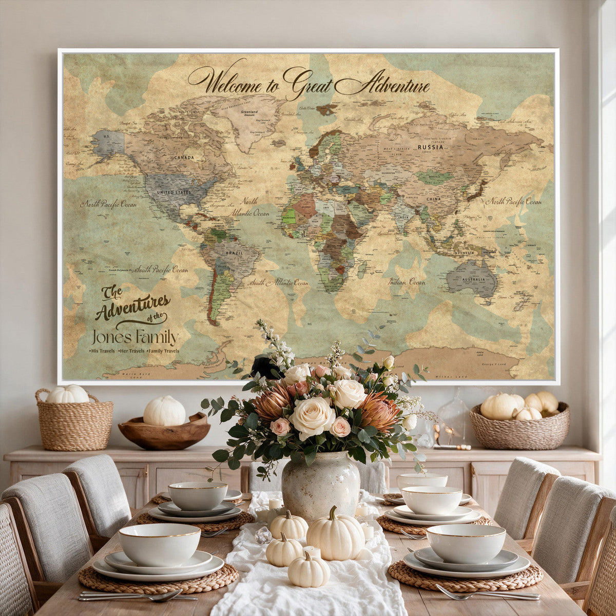 Personalized Framed Navy Vintage Push Pin World Map Wall Art, Places Visited Tracker, Bedroom and Hallway Decor