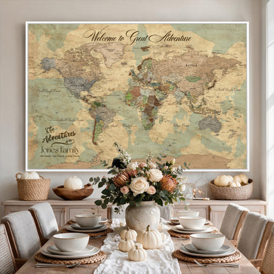 Personalized Framed Navy Vintage Push Pin World Map Wall Art, Places Visited Tracker, Bedroom and Hallway Decor