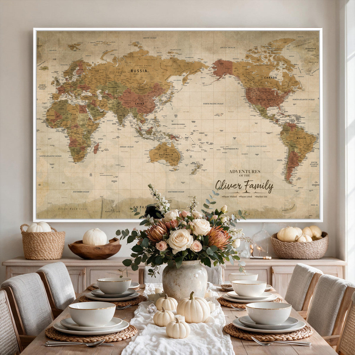 Personalized Framed Navy Modern World Map Canvas with Push Pins, Bucket List Map, Living Room and Entryway Decor