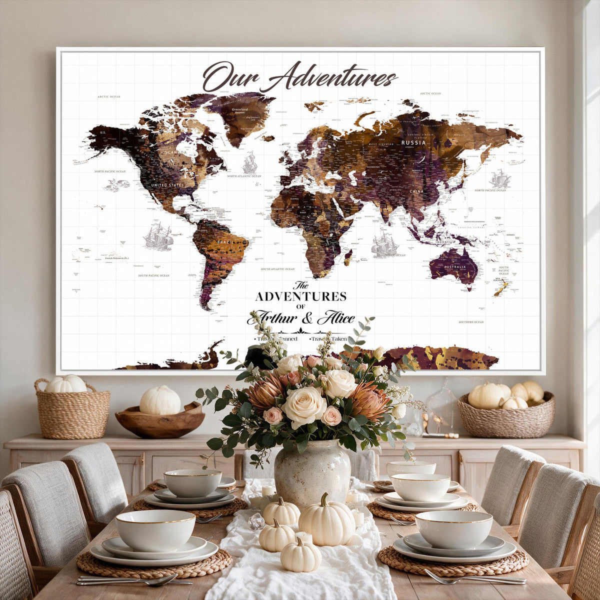 Personalized Framed Beige Vintage Push Pin Travel Map Canvas Print, Next Trip Planner Map, Home Office and Entryway Decor