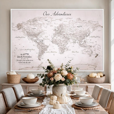 Personalized Beige Vintage World Travel Map Wall Art with Pins, Honeymoon and Anniversary Gift, Entryway and Hallway Decor