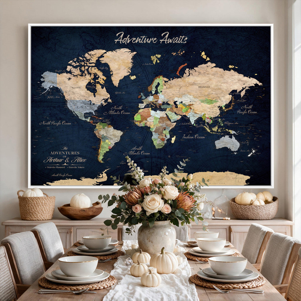 Personalized Beige Antique Push Pin Travel Map Canvas Print, Bucket List Map, Dining Room and Entryway Decor