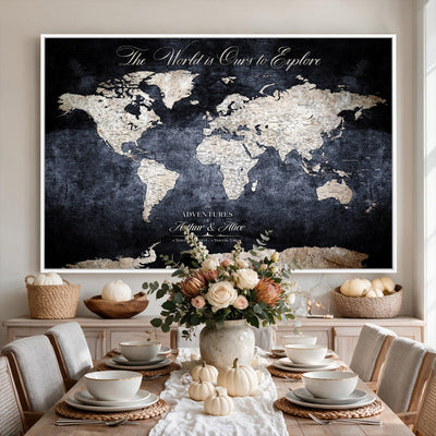 Personalized Beige Modern Push Pin Travel Map Canvas Print, Places Visited Tracker, Study and Entryway Decor