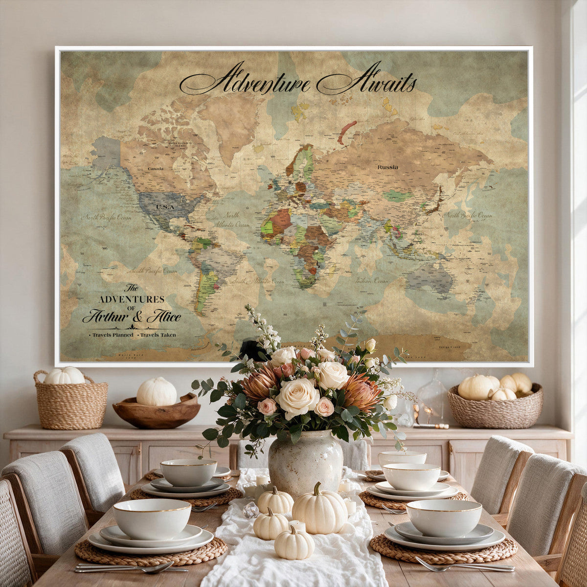Custom Beige World Travel Map Wall Art with Pins, Bucket List Map, Dining Room and Study Decor
