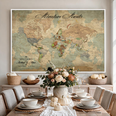 Custom Beige World Travel Map Wall Art with Pins, Bucket List Map, Dining Room and Study Decor