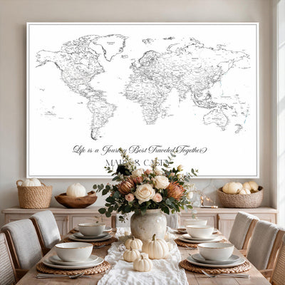 Personalized Framed Beige Modern Push Pin Travel Map Canvas Print, Couples Countries Visited Map, Living Room and Family Room Decor