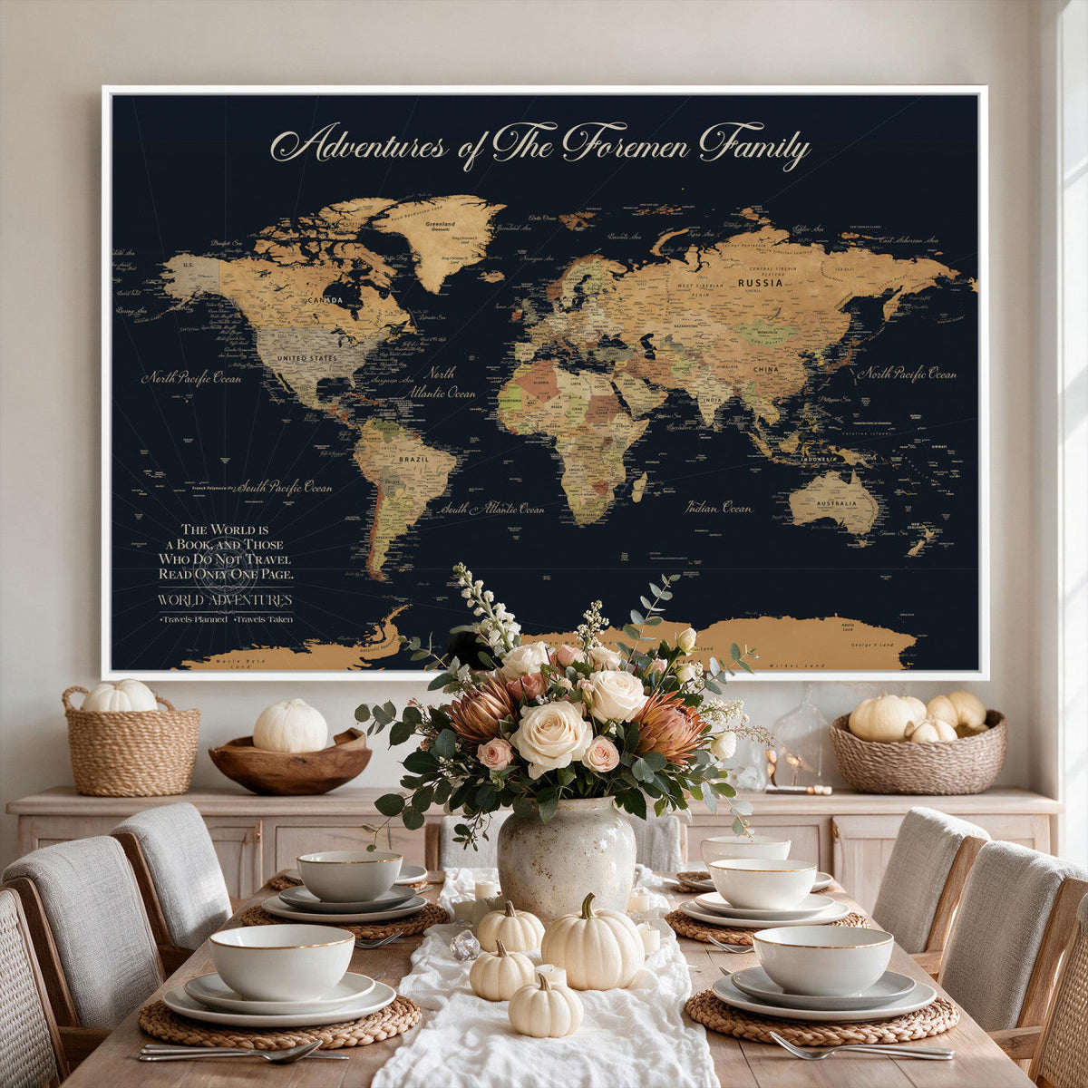 Personalized White Minimalist World Travel Map Wall Art with Pins, Places Visited Tracker, Entryway and Hallway Decor