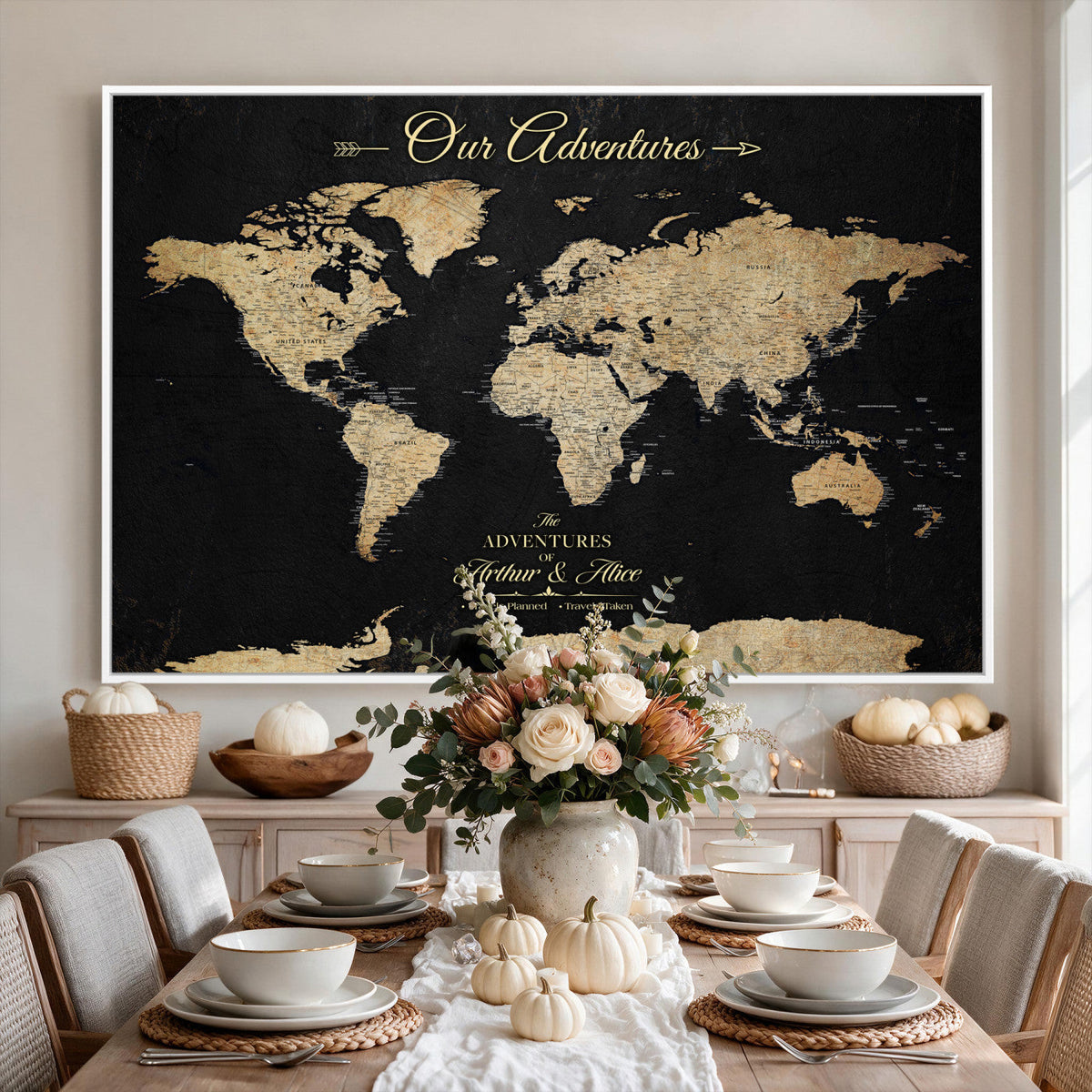 Personalized Framed Beige Push Pin World Map Canvas Print, Family Travel Tracker, Bedroom and Home Office Decor