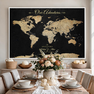 Personalized Framed Beige Push Pin World Map Canvas Print, Family Travel Tracker, Bedroom and Home Office Decor