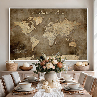 Personalized Framed Beige Push Pin Travel Map Canvas Print, Bucket List Map, Bedroom and Study Decor