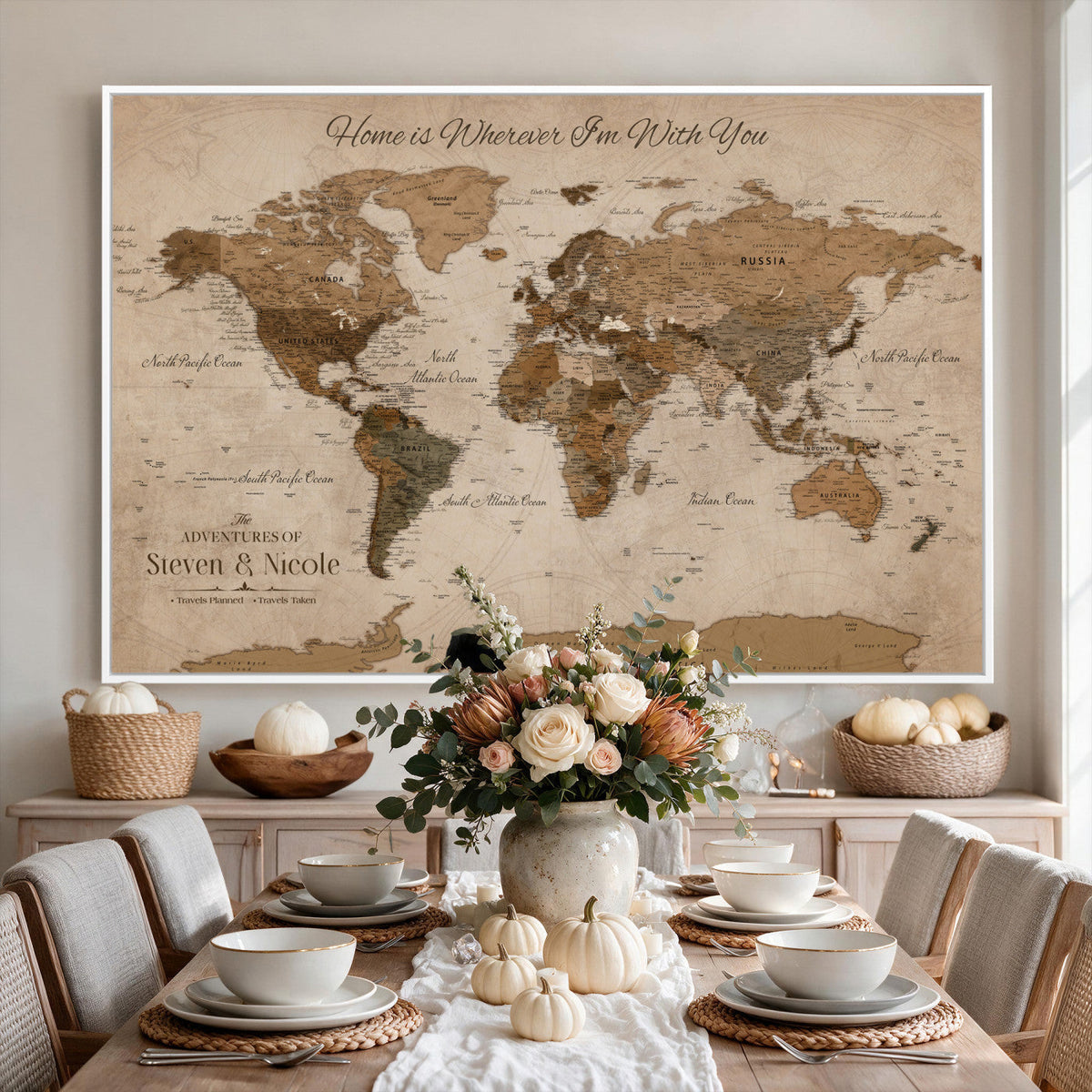 Personalized Framed Beige World Map Canvas with Push Pins, Honeymoon and Anniversary Gift, Living Room and Hallway Decor