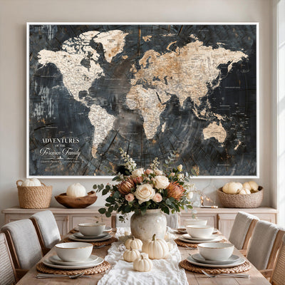 Personalized Framed Beige Push Pin World Map Canvas Print, Bucket List Map, Living Room and Hallway Decor