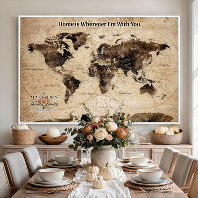 Personalized Framed Beige Modern World Travel Map Wall Art with Pins, Family Adventure Map, Living Room and Hallway Decor