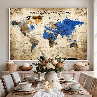 Personalized Framed Beige World Map Canvas with Push Pins, Honeymoon and Anniversary Gift, Living Room and Home Office Decor