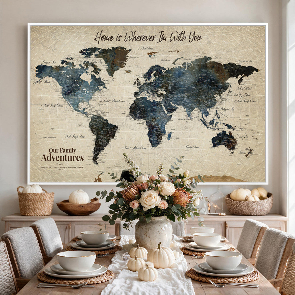 Personalized Framed Black Modern Push Pin Travel Map Canvas Print, Family Travel Tracker, Home Office and Entryway Decor