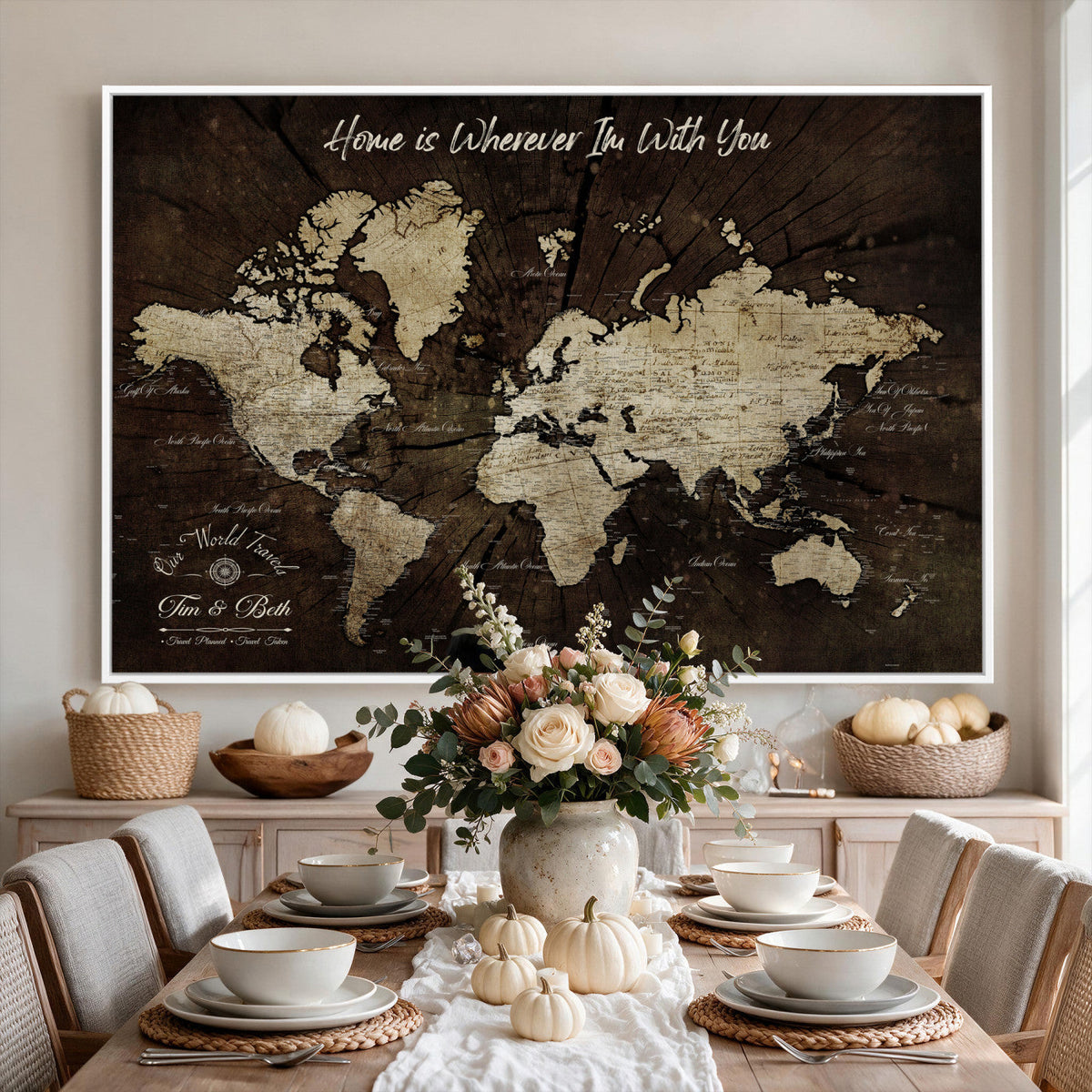 Personalized Watercolor Push Pin World Map Canvas Wall Art, Custom Framed Travel Map - NEWMAP-094