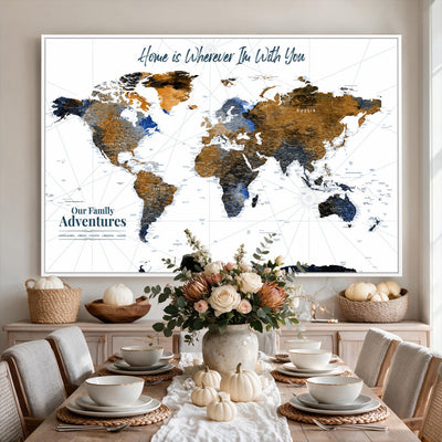 Personalized Framed Beige Modern Push Pin World Map Wall Art, Next Trip Planner Map, Family Room and Home Office Decor