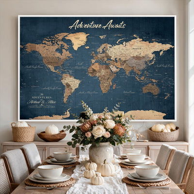 Personalized White Vintage World Travel Map Wall Art with Pins, Next Trip Planner Map, Family Room and Dining Room Decor