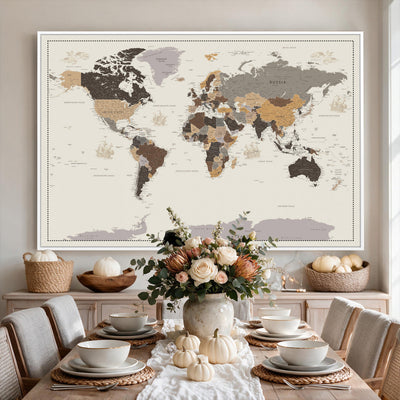 58777746-MGV-CV-36X24 - Custom Beige Modern Push Pin World Map Canvas Print, Places Visited Tracker, Bedroom and Study Decor