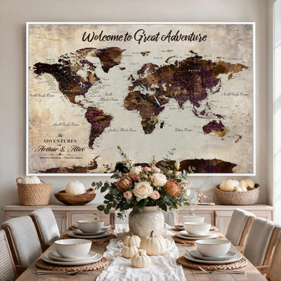 64110391126-MGV-CV-36X24 - Custom Beige World Travel Map Wall Art with Pins, Places Visited Tracker, Family Room and Entryway Decor