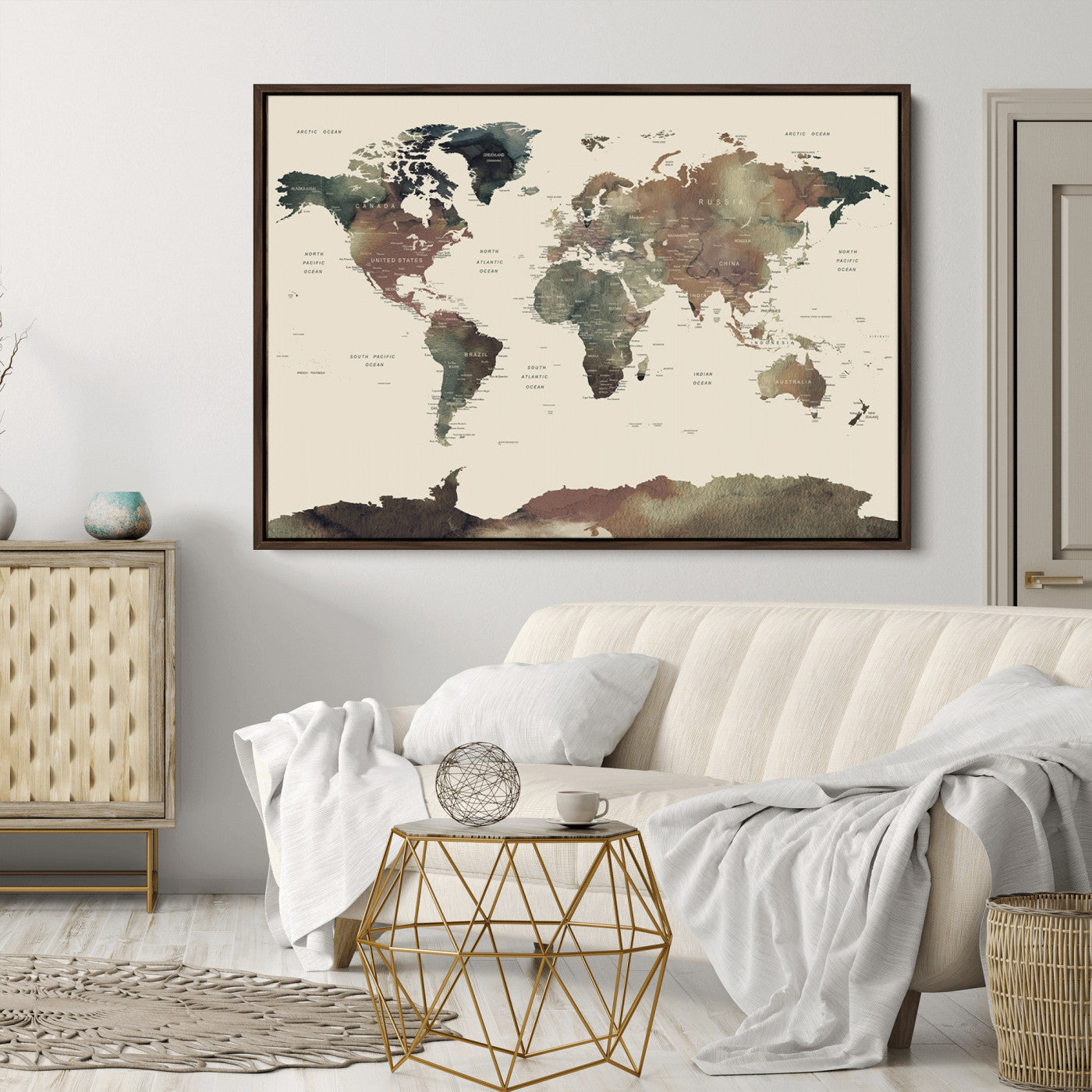 Push Pin World Map Canvas Print – Framed Wall Art for Couples to Track Their Travels – Anniversary Gift or Home Adventure Decor
