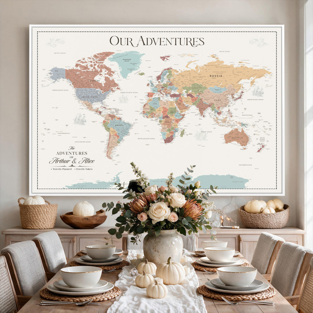 Personalized Framed Navy Push Pin World Map Canvas Print, Next Trip Planner Map, Living Room and Entryway Decor
