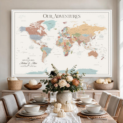 Personalized Framed Navy Push Pin World Map Canvas Print, Next Trip Planner Map, Living Room and Entryway Decor