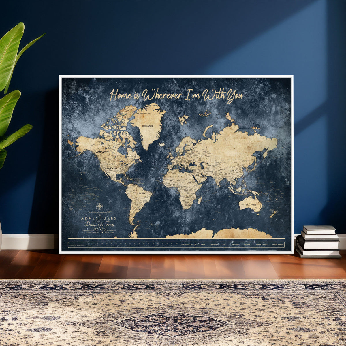 400867BL-MGV-CV-36X24 - Framed Blue Custom Push Pin World Map Canvas Print | Personalized Travel Map Wall Art