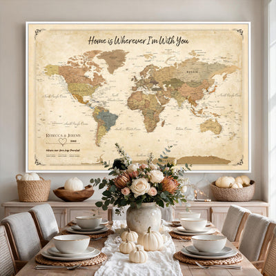 40086165SP-MGV-CV-36X24 - Custom Push Pin Travel Map Canvas Print, Cream Personalized Travel Tracker Map, Anniversary Gift, Vintage World Map Wall Art