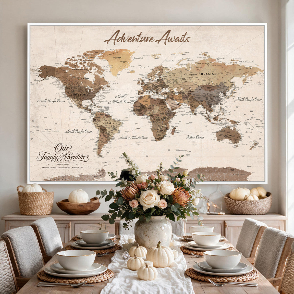 84865191-MGV-CV-36X24 - Our Family Adventures Push Pin World Map Wall Art Canvas Print - Family Travel Tracker Map with Pins